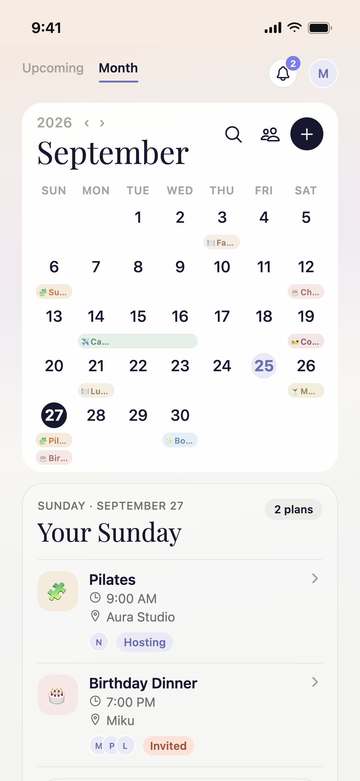 The Everdai month calendar, with a card for the selected day.