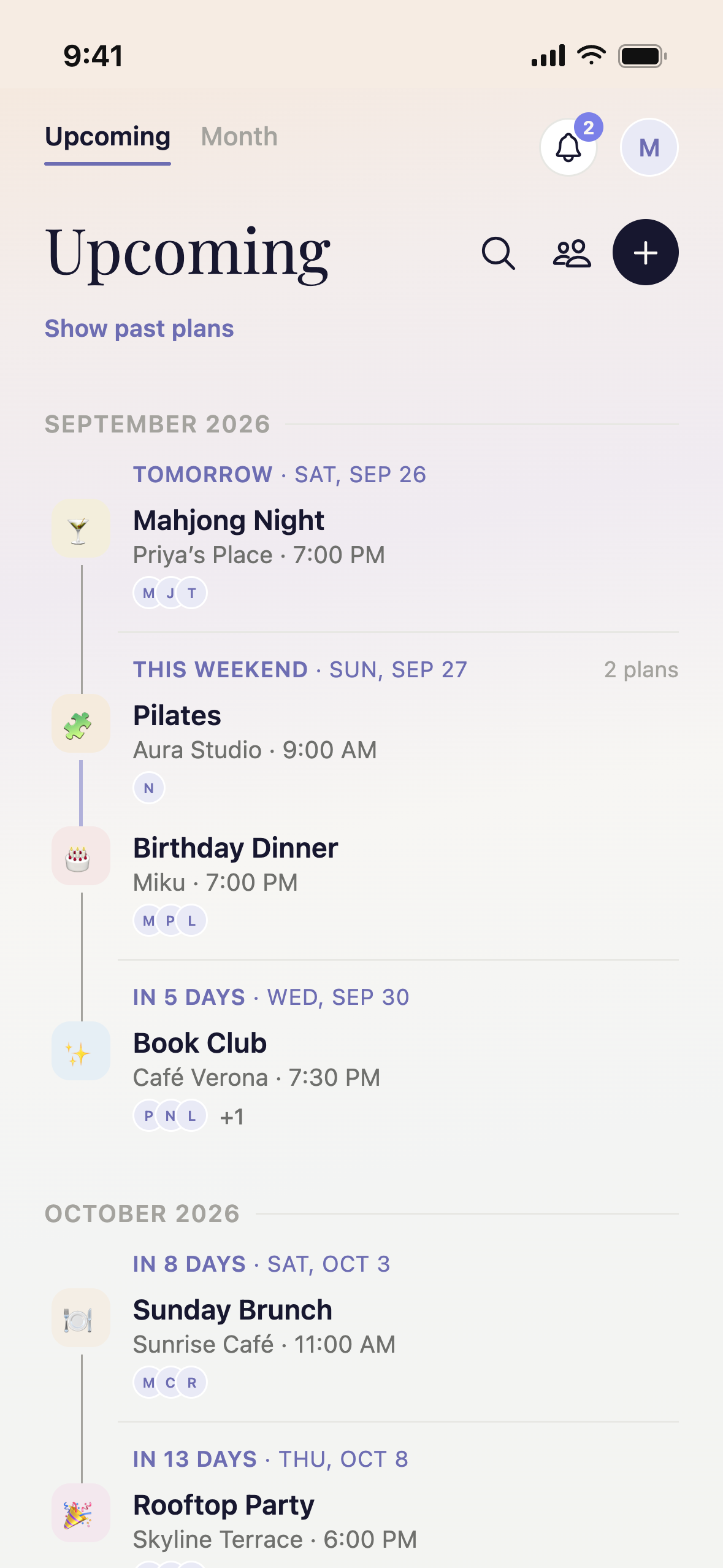 The Everdai Upcoming screen, with plans grouped by day.